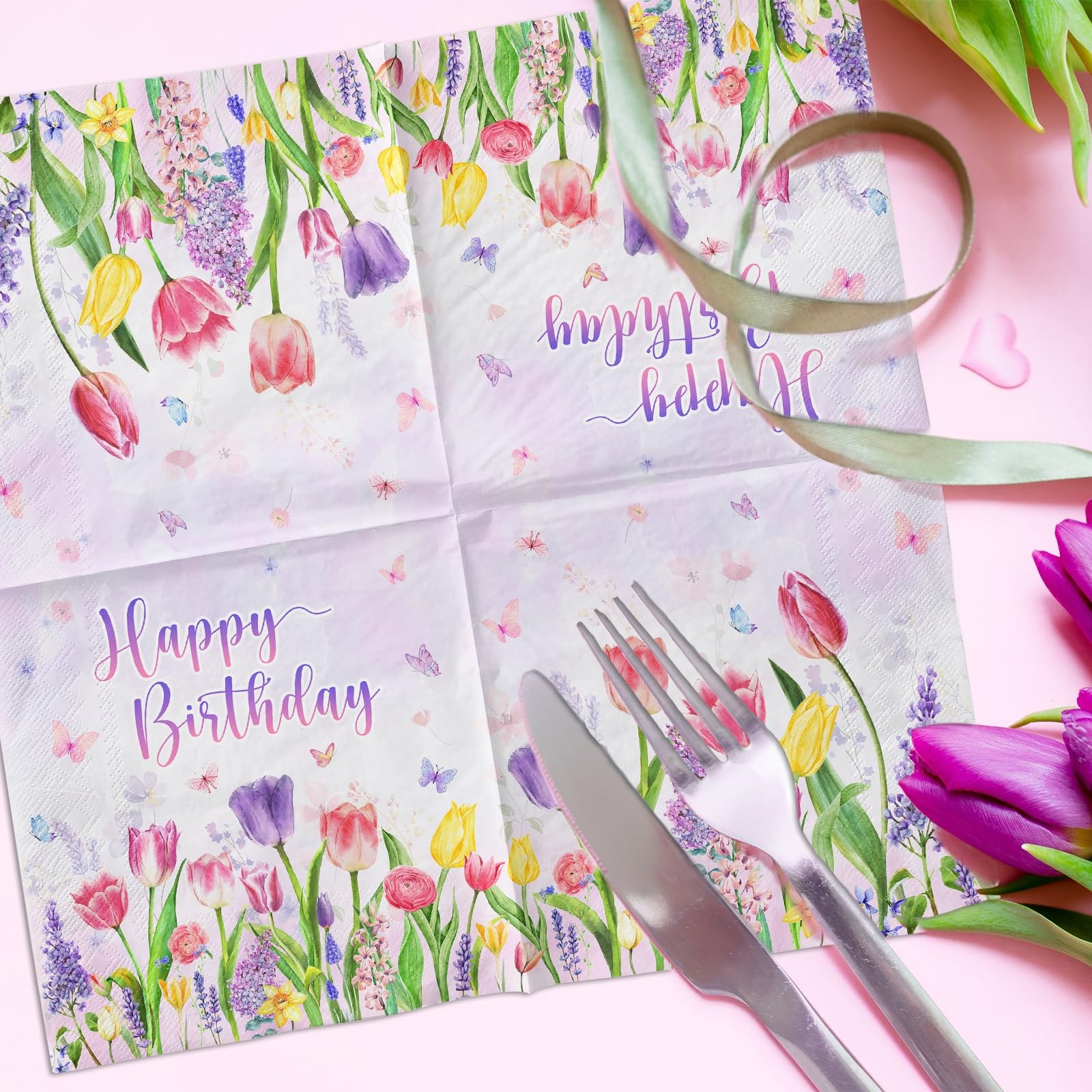 40pcs Purple, Lavender, Multicolor Floral Birthday Party Napkins – 6.5*6.5inche