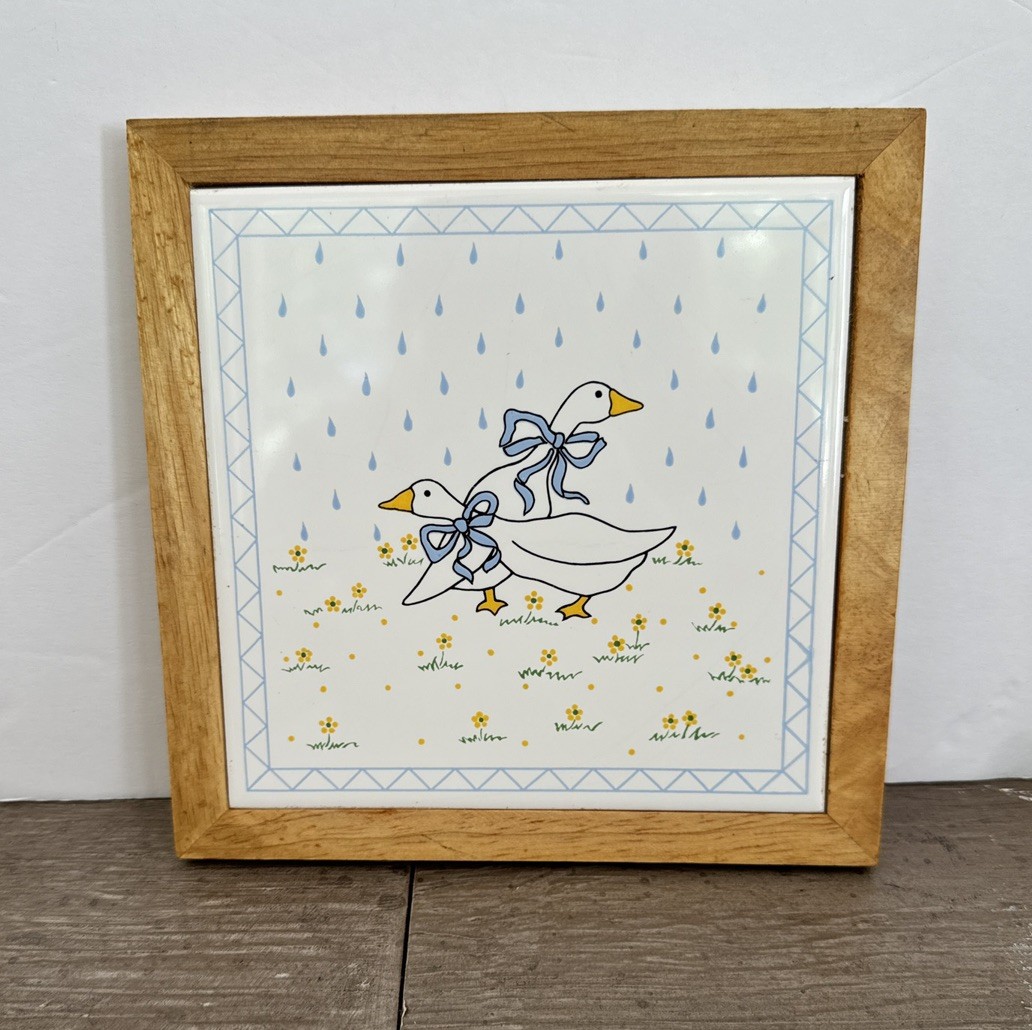 VTG Goose Ceramic Tile Raindrops Bows Wall Plaque Trivet Farmhouse Cottage 7”