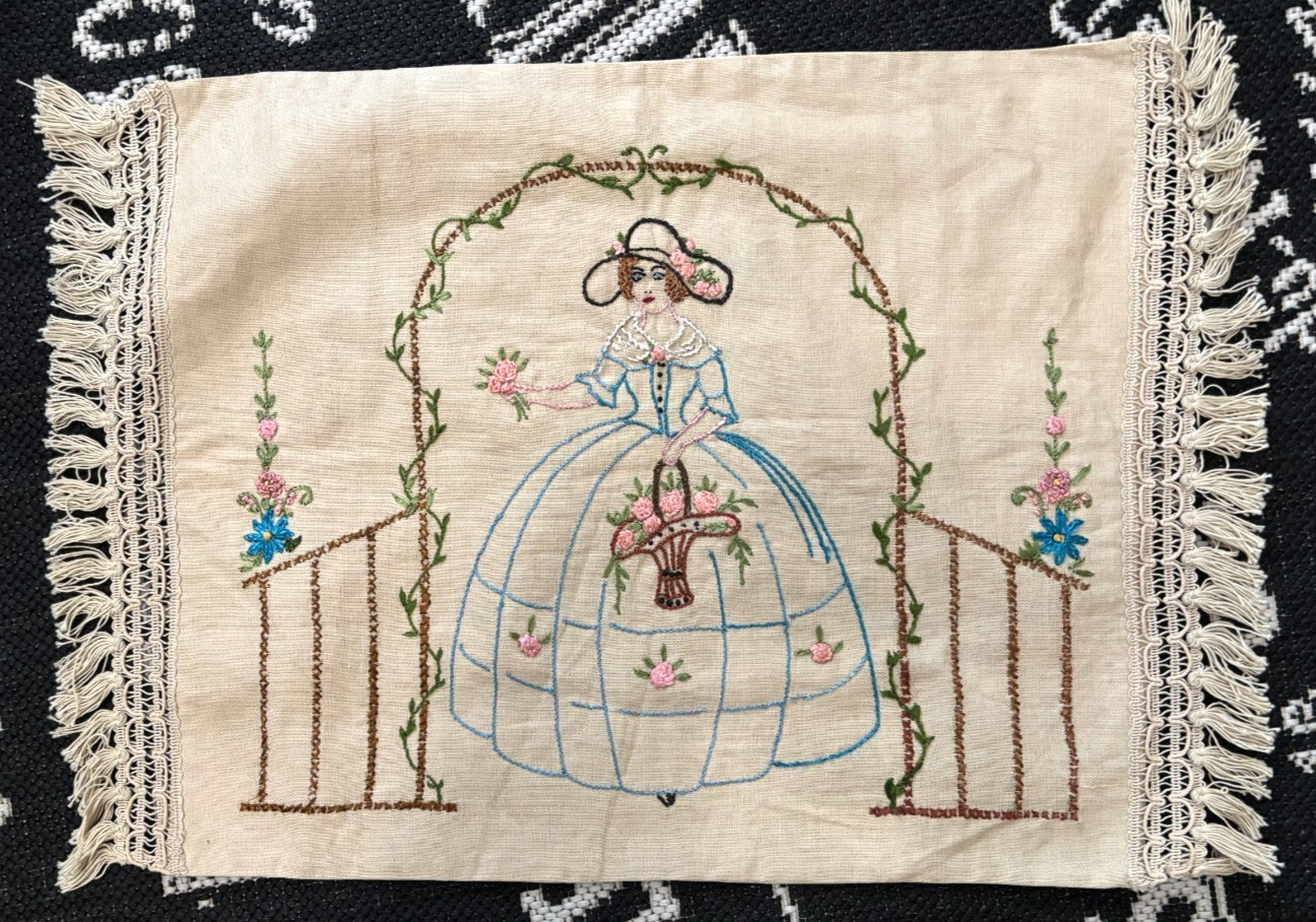Vtg 16X19 SOUTHERN BELLE Pink Blue Silk Embroidered PILLOW COVER SHAM Ecru Linen
