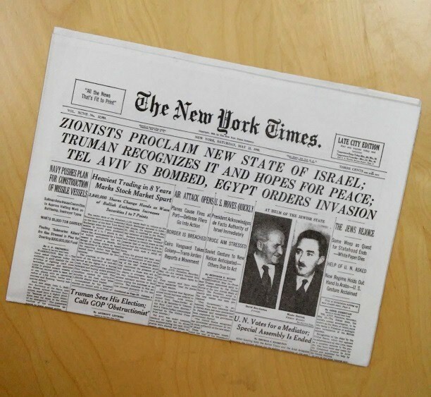 Israel Newspaper – New York Times of May 15, 1948 (Officially Licensed Reprint)