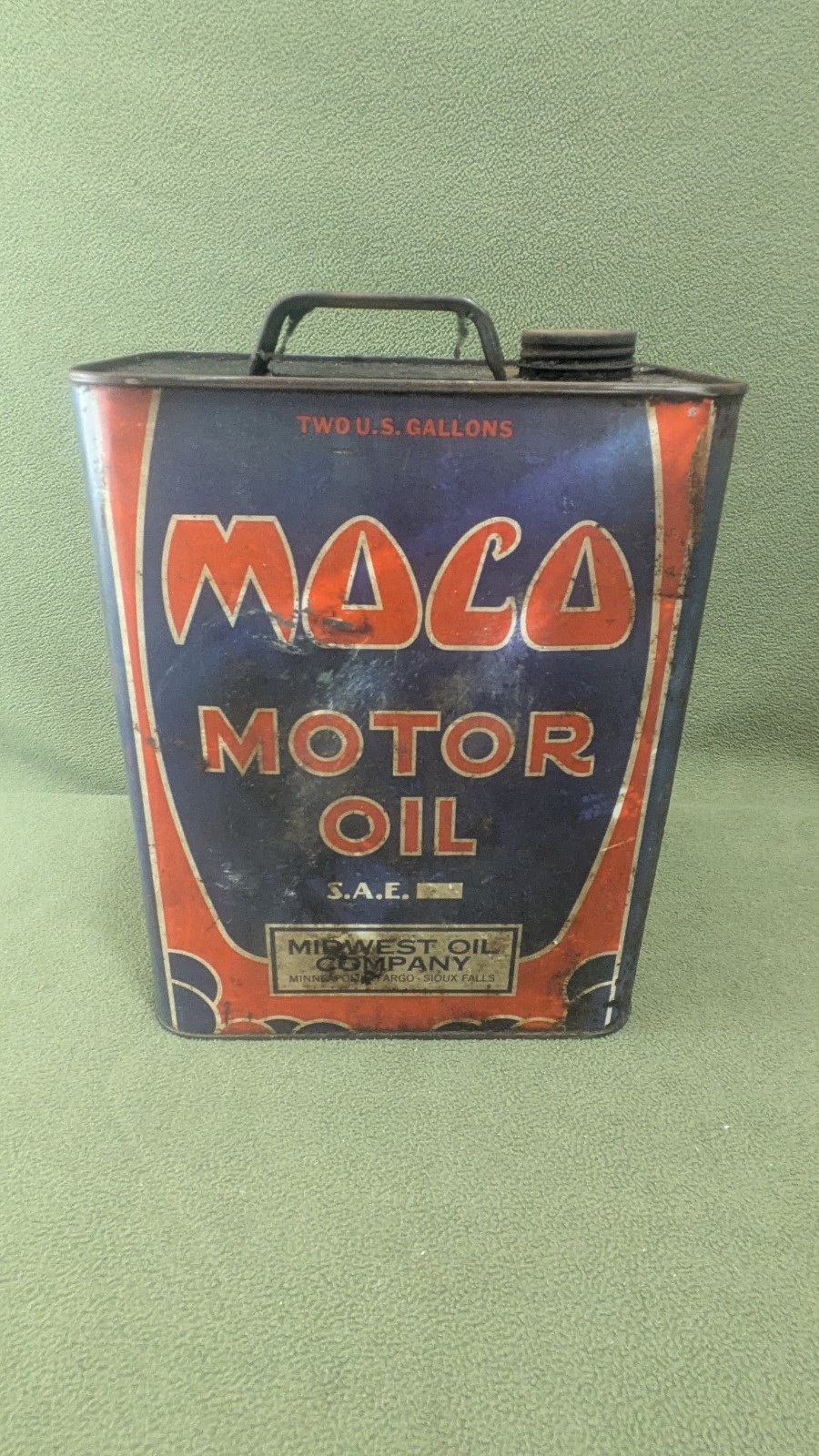Vintage MOCO 2 Gallon Motor Oil Can by Midwest Oil Co. (empty)