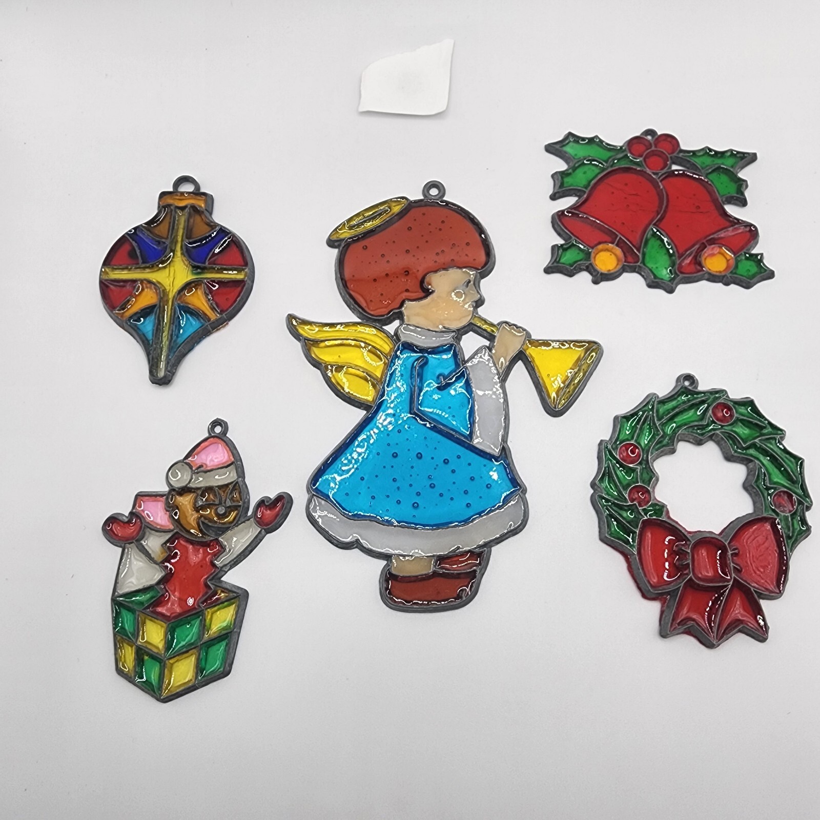 Stained Glass Vintage Metal Sun Catcher Angel Christmas Ornaments Lot of 5