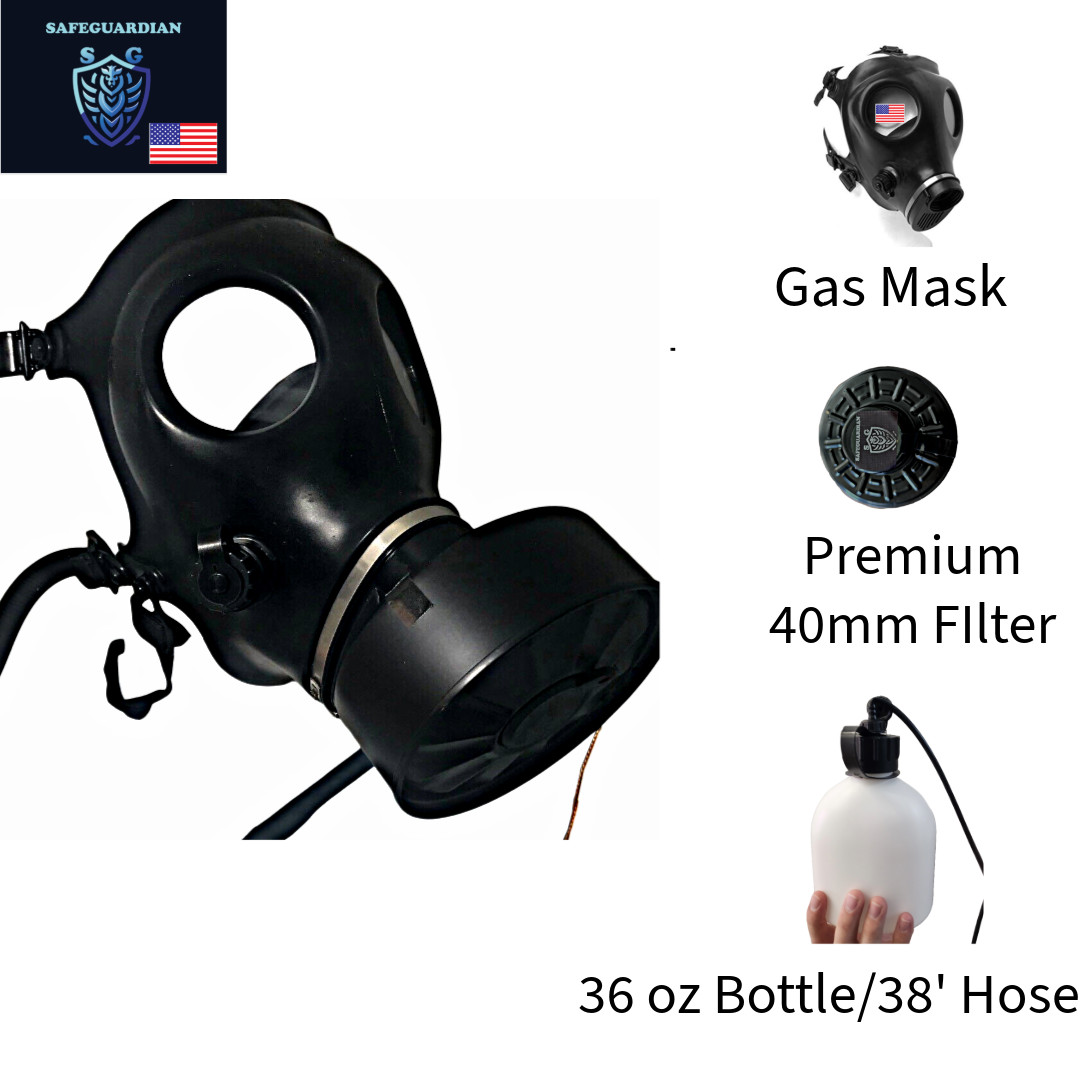 SafeGuardian Israeli GAS MASK with Premium 40mm FILTER and 36oz BOTTLE/ 38’HOSE