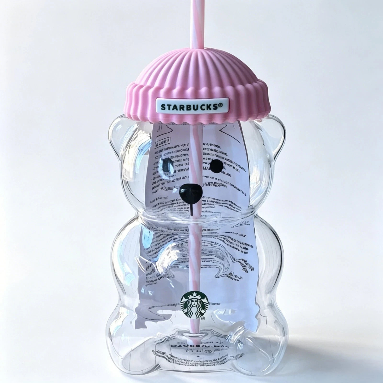 Starbucks Bearista Pink Bear Glass Tumbler Cold Cup with Straw 20oz 591ml