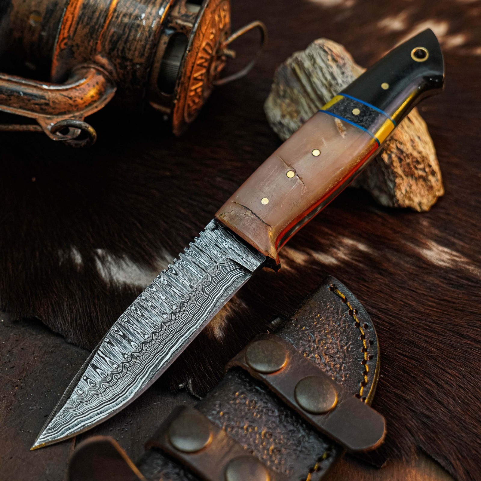 8.7 Inch Drop Point Skinner Knife Damascus Steel Hunting Full Tang Hybrid Handle
