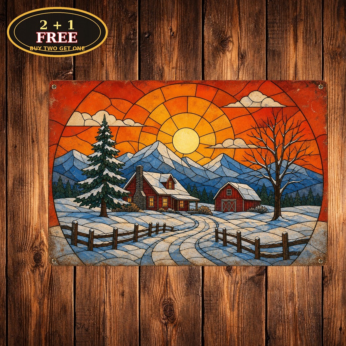 Winter Snow Cottage Forest Landscape Vintage Metal Tin Sign Art