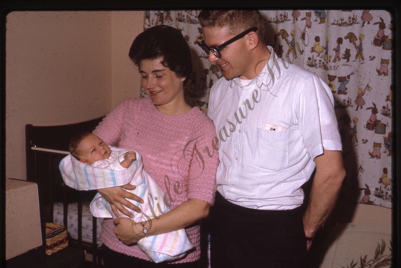 Woman Eyes Closed Man Glasses Baby Americana 1960s Slide 35mm Kodachrome