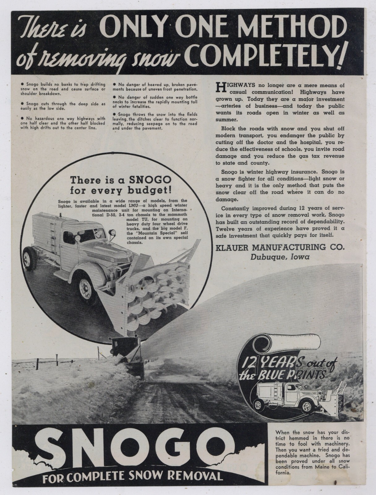 1939 Klauer Mfg. Co. Ad: SNOGO Model LMU Snow Removal Attachment. Dubuque, Iowa