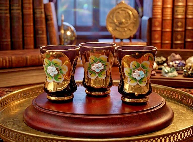 3 Bohemian Shot Glass Ruby Red Gold Enameled Flower Decorative With Board