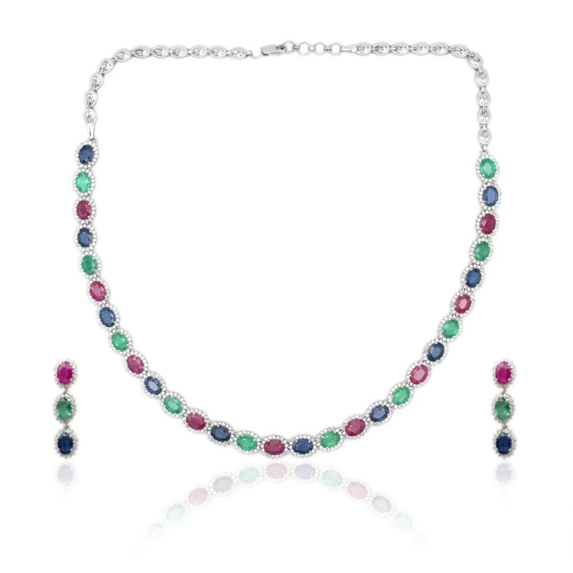 Emerald, Ruby, Sapphire & Diamond 14K White Gold Over Necklace And Earrings Sets