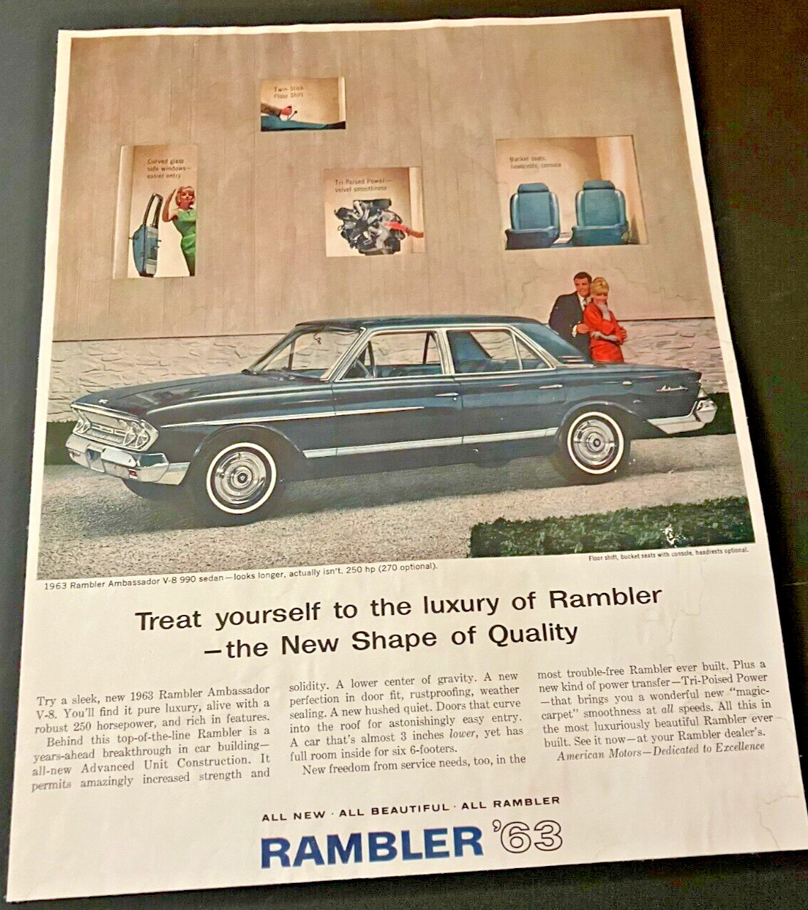 1963 Rambler Ambassador V-8 990 Sedan – Vintage Original Color Print Ad Wall Art