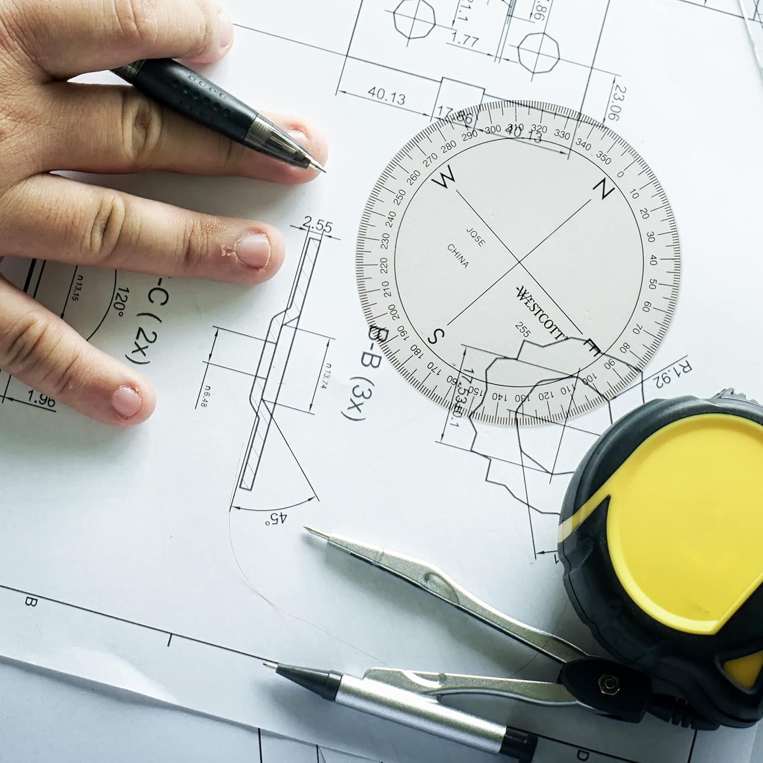 360-Degree Compass Protractor, Crystal Clear Transparent Dial, Calibrated for 36
