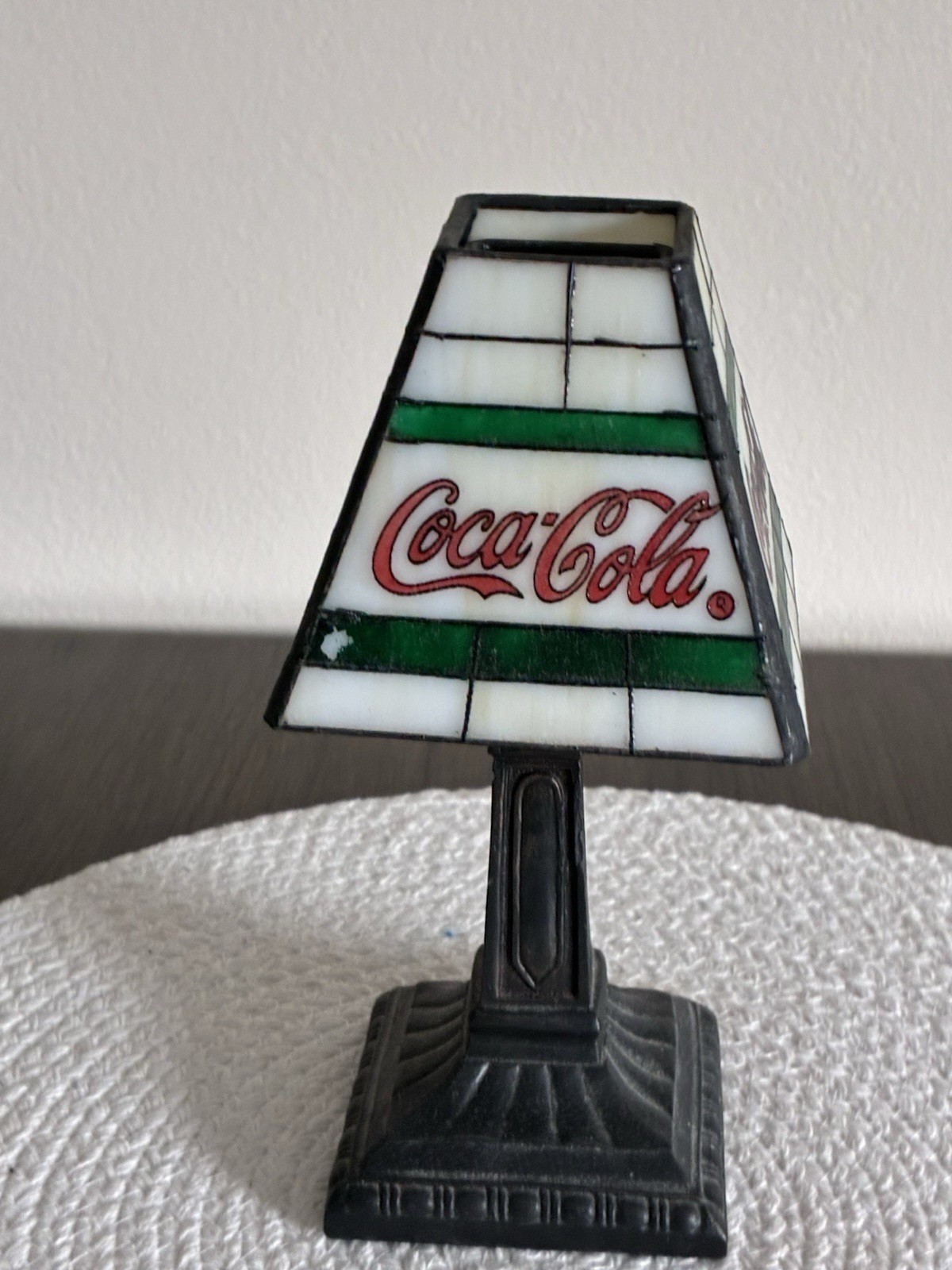 Coca-Cola Soda Theme Table Lamp Stained Glass Style Shade, Black Base
