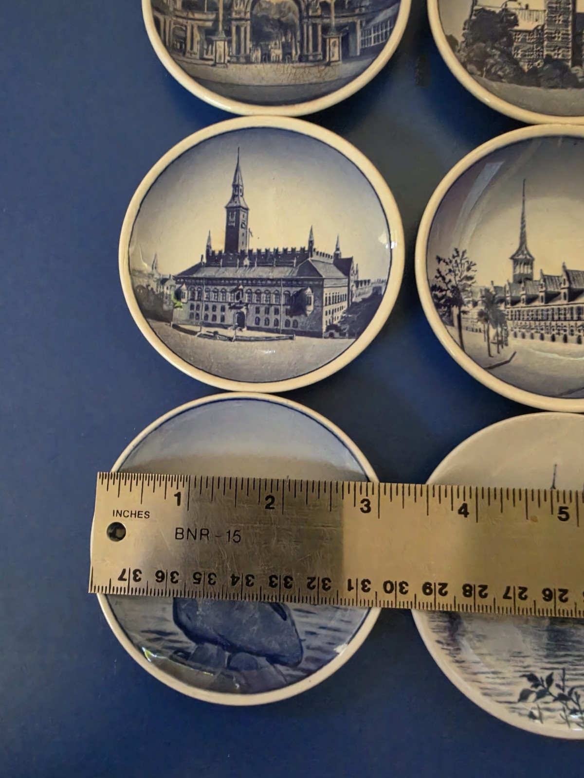 Denmark Blue & White Ceramic Cityscape Collector Plates Set of 6, 4.25 in