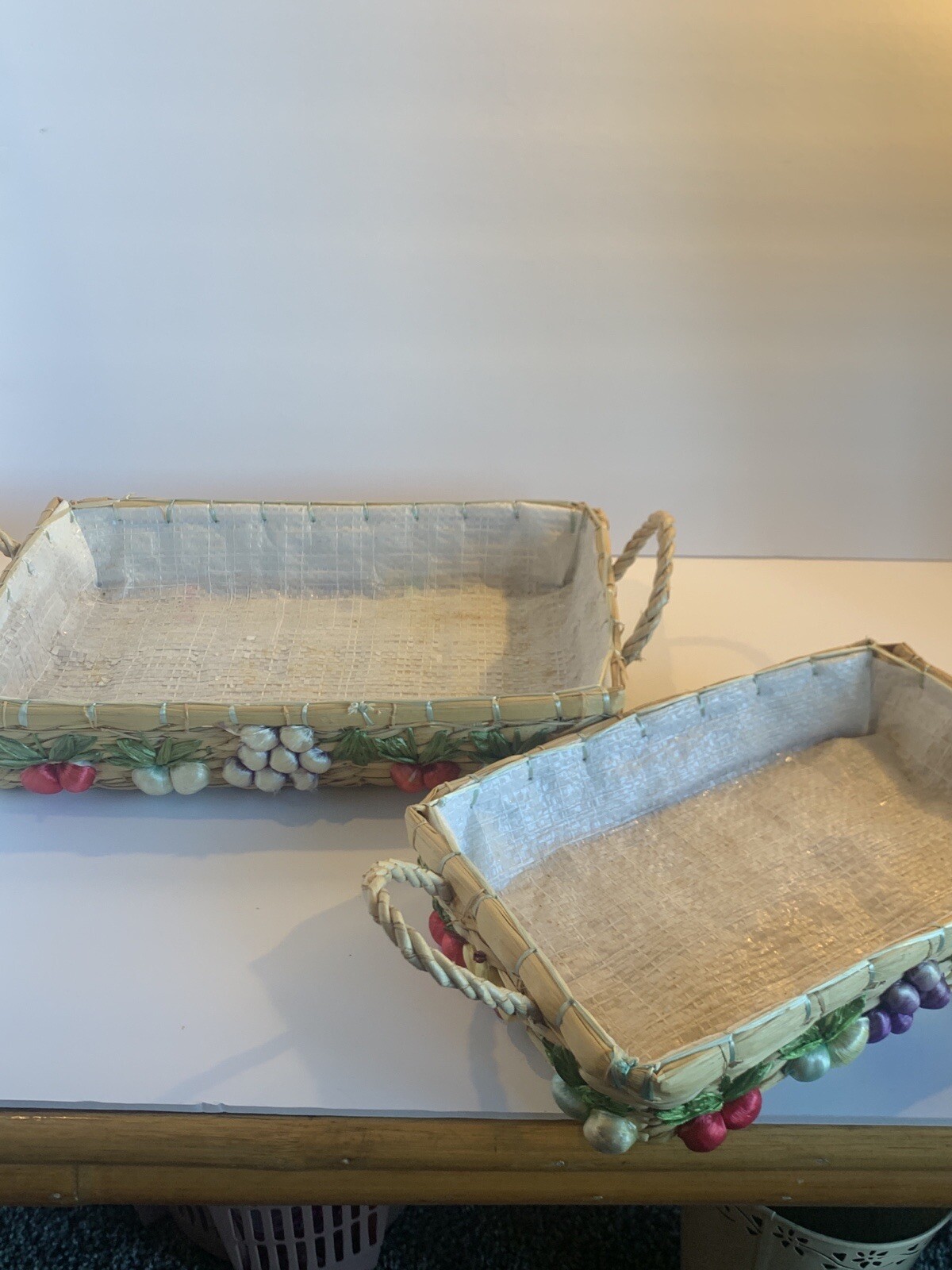 2 Pretty Rectangular Straw Baskets~Handled~Woven Fruit Pyrex Holders