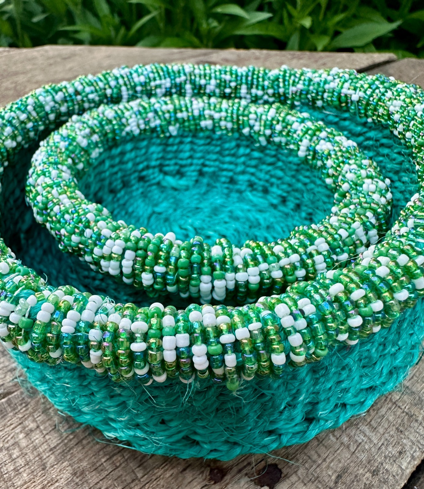 African Handcrafted Turquoise Beaded Baskets Sisal Bright Beads 6” and 4″