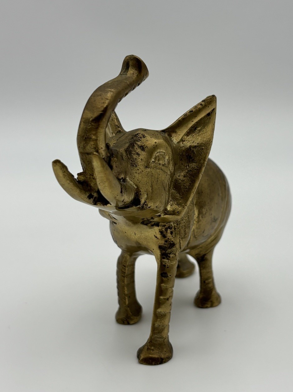 Vintage Solid Brass Elephant Figurine Small Statue Trunk Up, Made in Taiwan, 4”