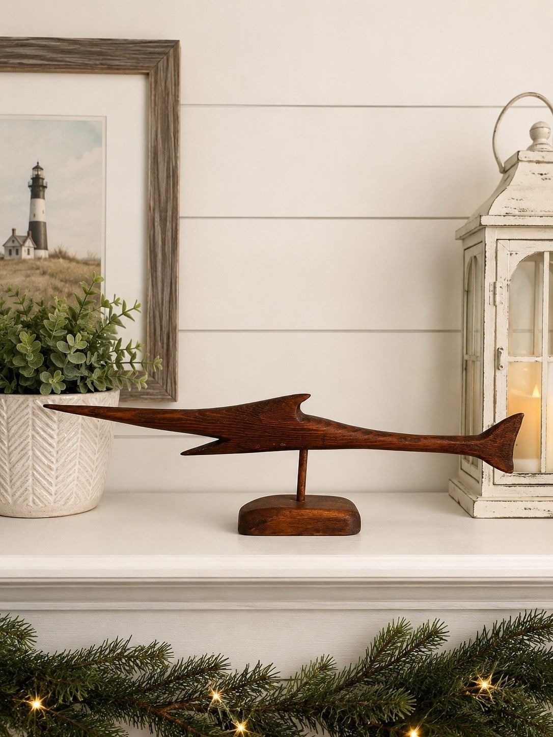 Vintage Mid Century Modern Teak Stylized Barracuda Fish Sculpture on Stand 16″