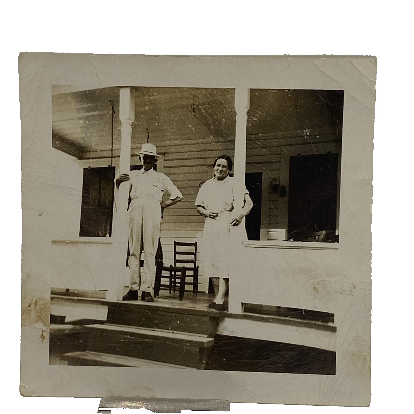 Vtg 1940s Porch Snapshot Photo Mr & Mrs Dan F Douglas B&W Original Portrait