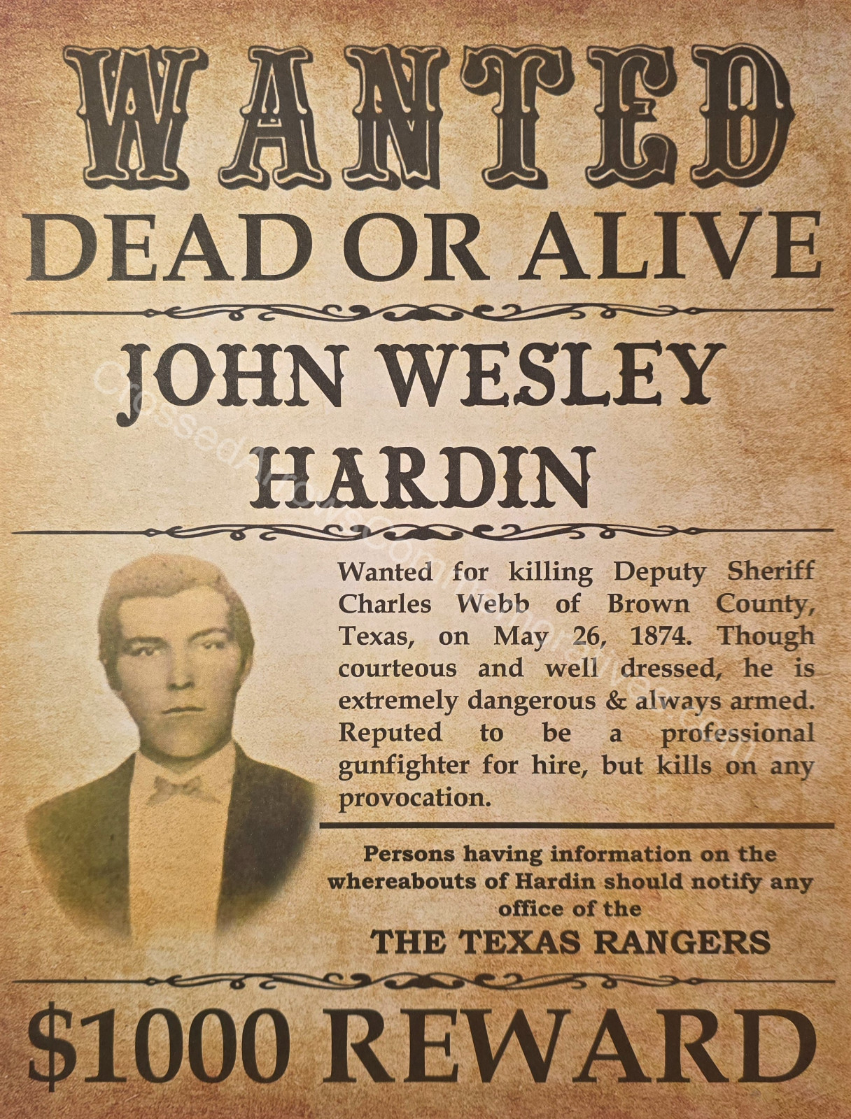 Wanted Poster: John Wesley Hardin (Modern Printing)