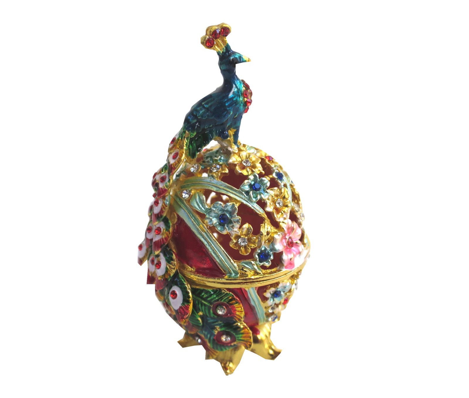 Bejeweled ” Peacock on Faberge Egg ” Hinged Metal Enamel trinket Box