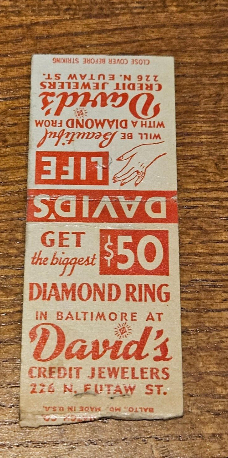 Vintage Matchbook Cover Davids Credit Jewelers Eutaw Street Baltimore Maryland