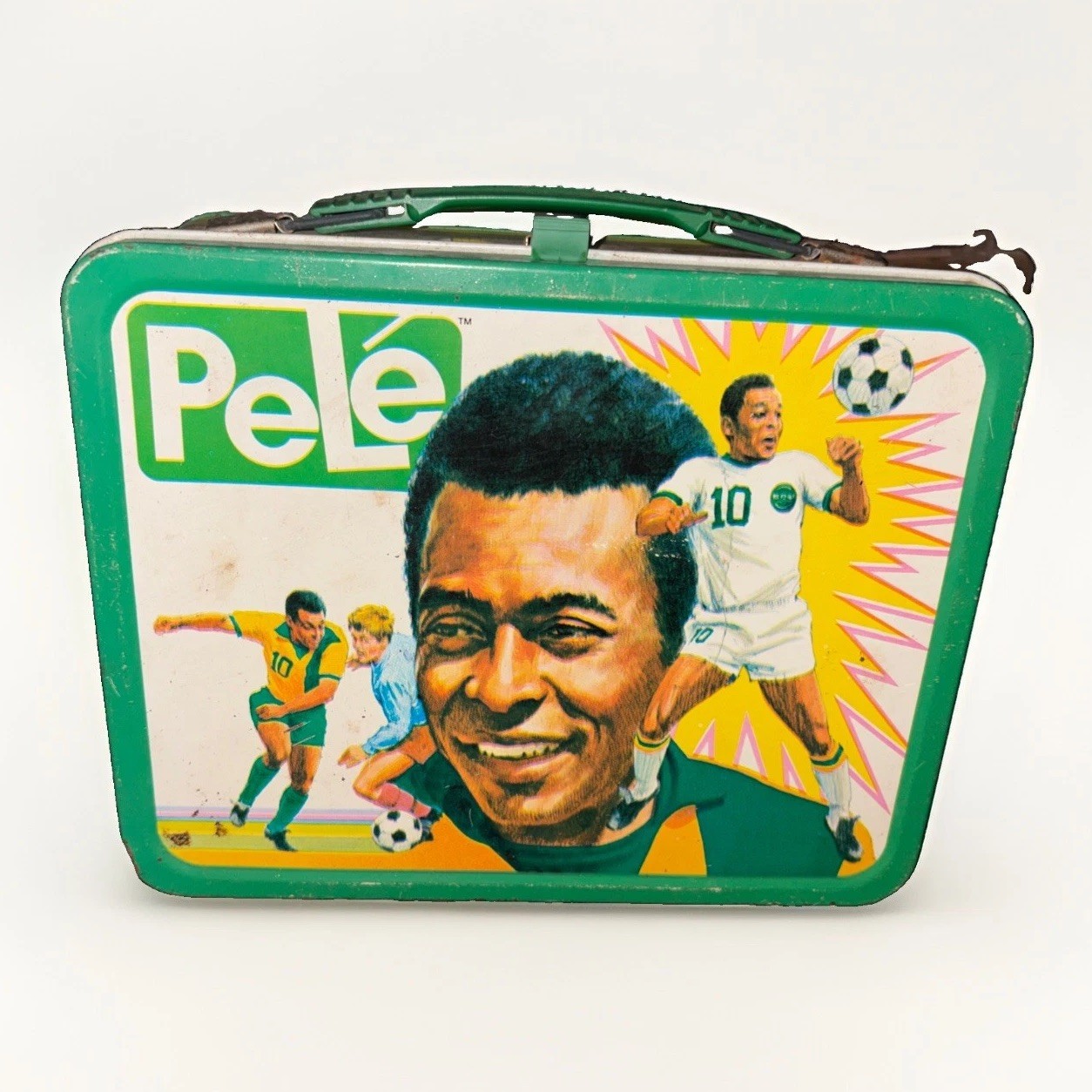 Vintage Thermos Brand Pelé Metal Lunchbox ©1975 Warner Green/Yellow