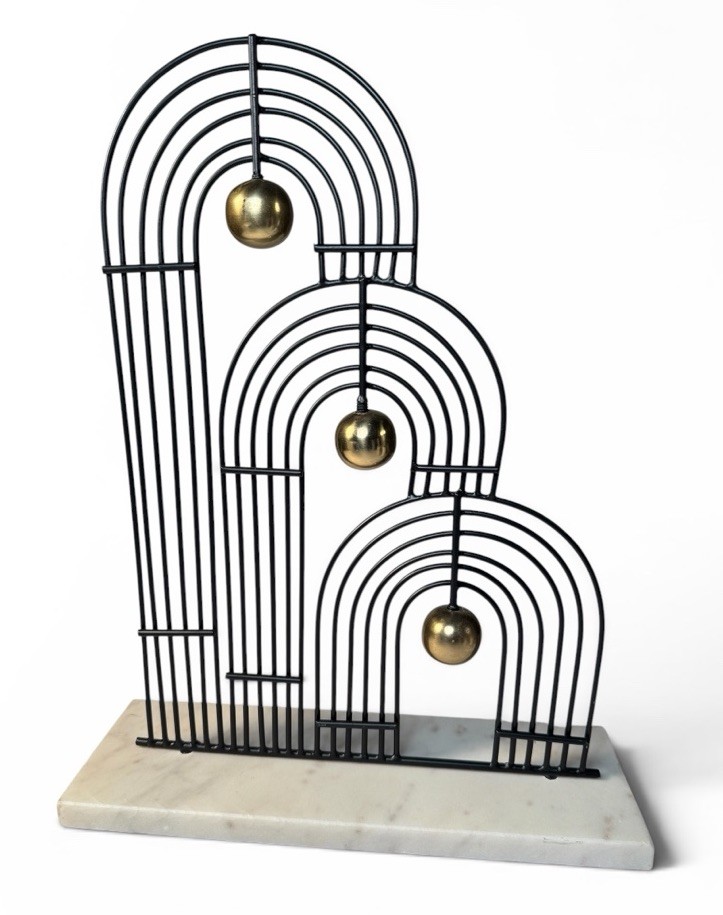 Vintage Postmodern Art Deco Revival Geometric Metal Sculpture Brass Orbs Marble