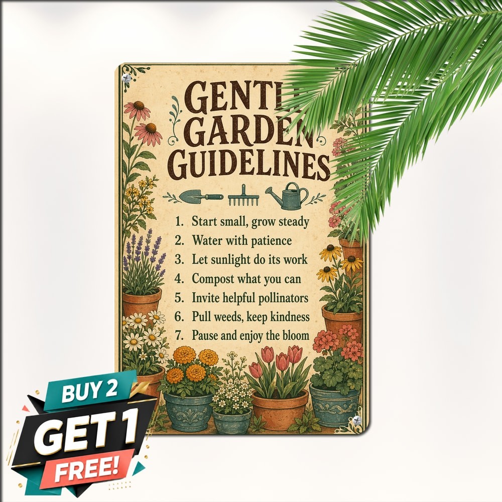Potted Flowers Border Illustration Garden Rules Quote Poster Metal Tin Sign