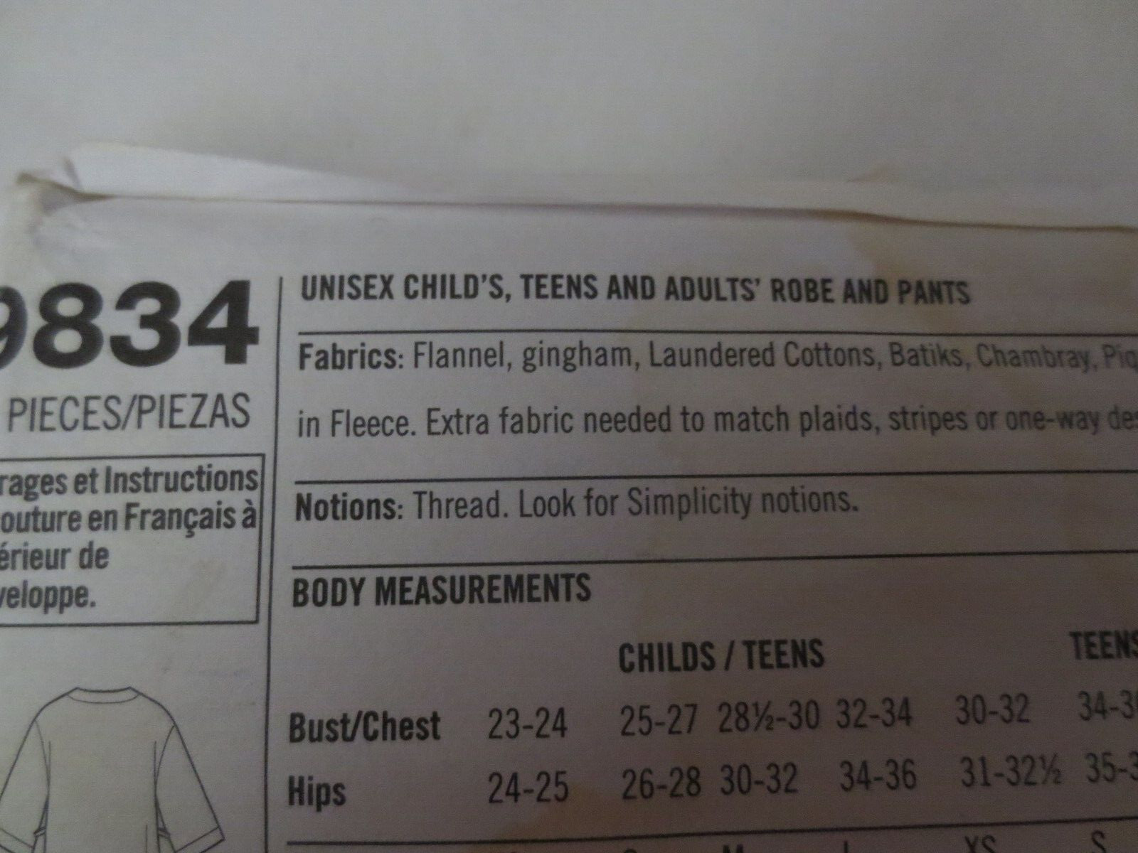 Simplicity pattern 9834 Unisex Childs Teens Adults Robe & Pants Uncut