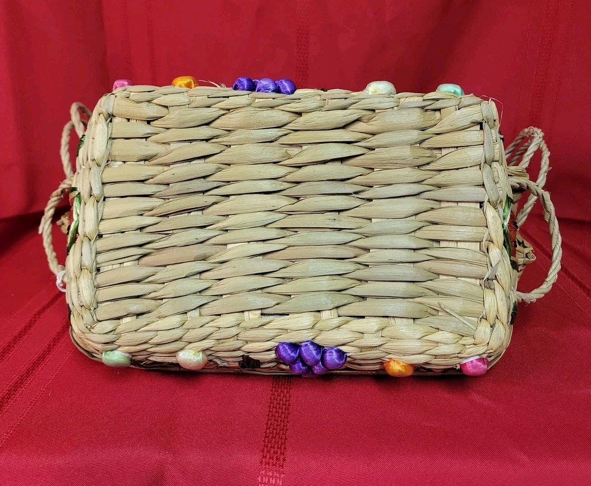 Three Vintage Woven Rectangle Baskets With Raffia Fruit