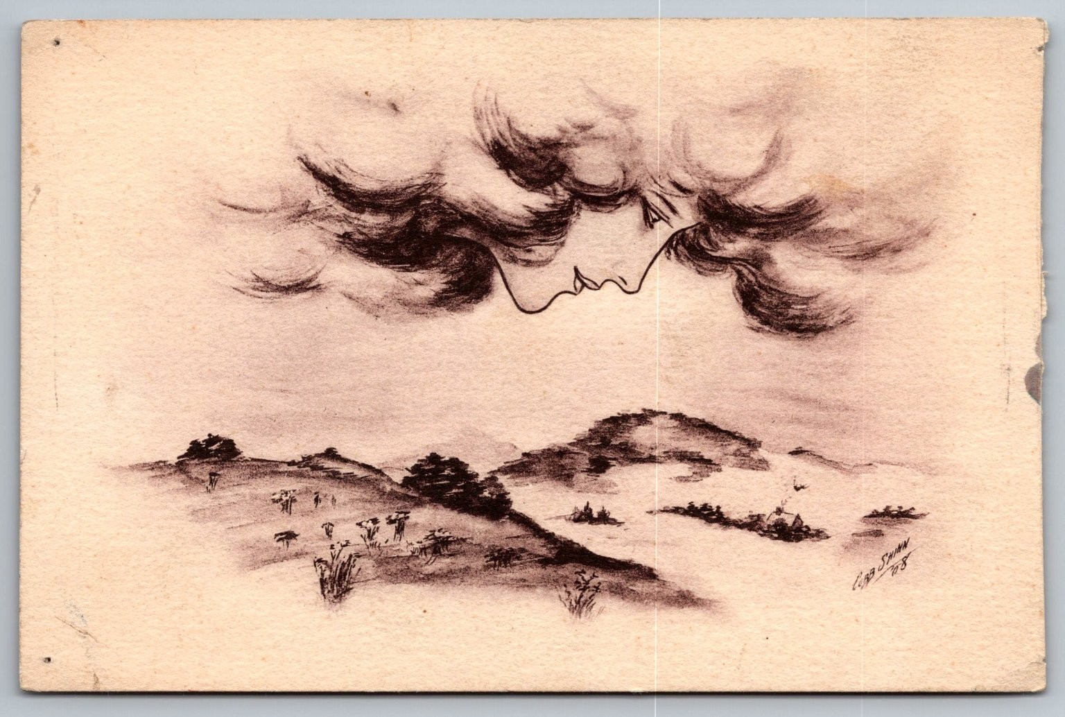 1948 E.G. Stern Surreal Landscape Woman Cloud Profile Art Postcard