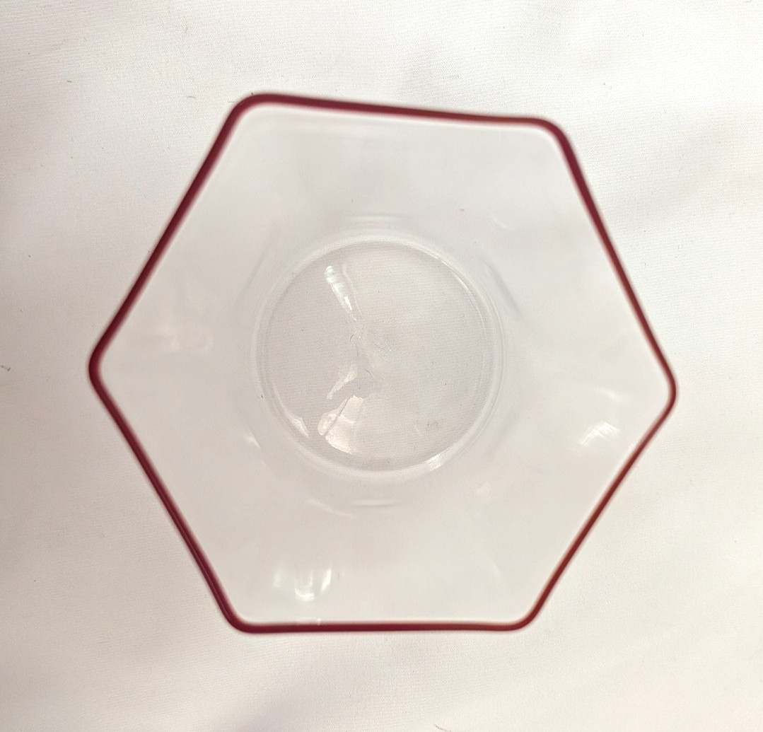 MURANO 4″ HEXAGONAL CARLO SCARPA DESIGN RED RIMMED GLASSES SET OF 3