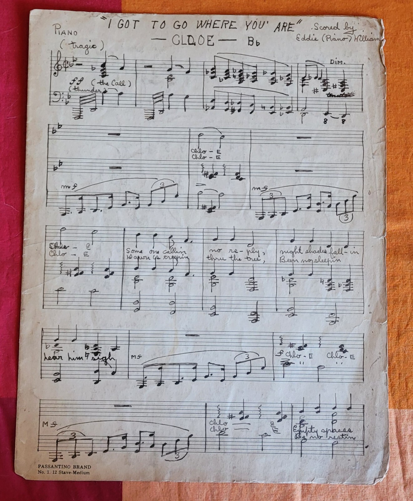 HARLEM NYC ORIGINAL MUSIC SCORE EDDIE WILLIAMS BLUES INSCRIBED SIGNED 4 PAGE