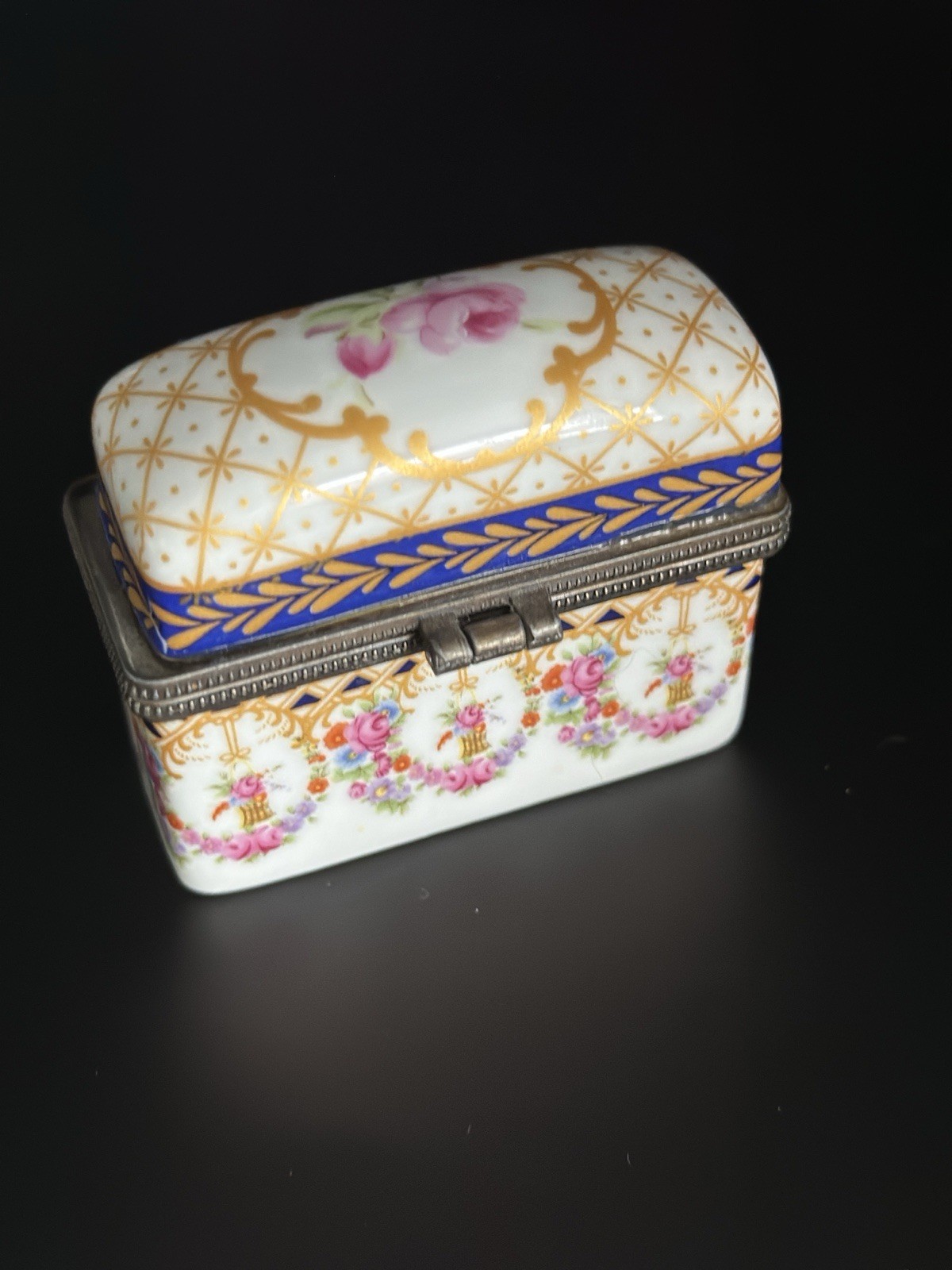 Porcelain Hinged Trinket Box with Rococo Floral Design France 1920’s