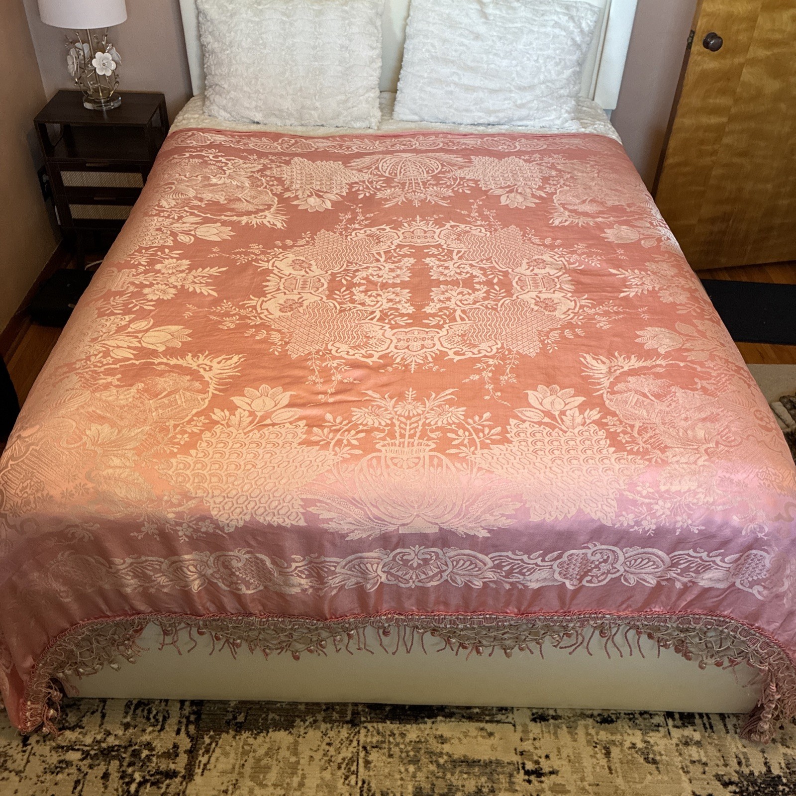 MCM Hollywood Regency Italian Wedding Bedspread Pink Damask Floral Tassels Read