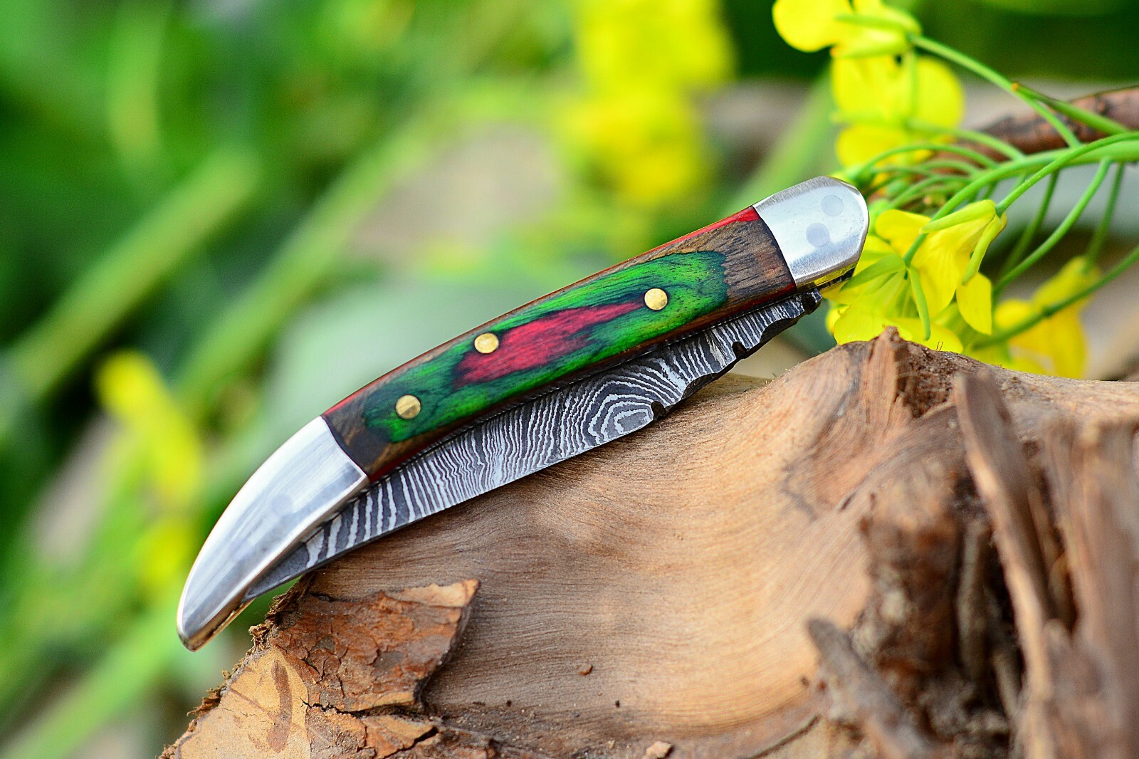 Texas Toothpick Handmade Damascus Steel Folding Pocket Knife”Multi Wood Handle”