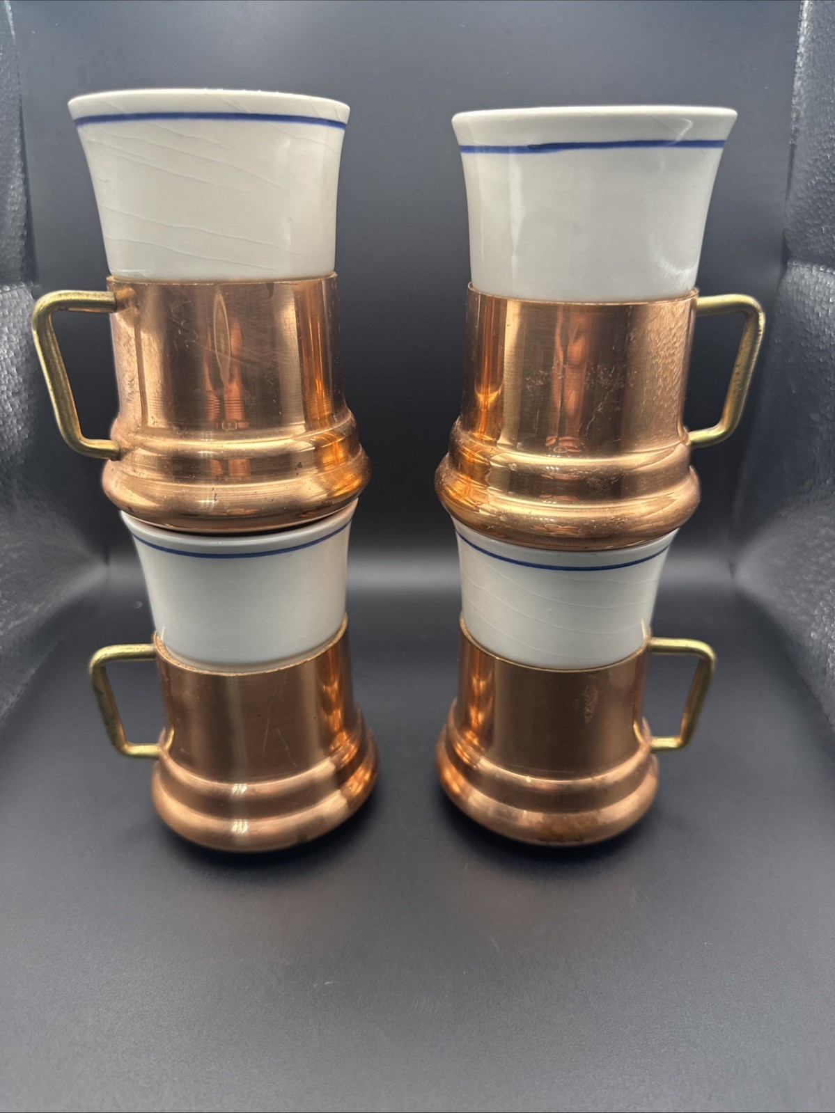 Vtg 1984 Teleflora Demitasse Espresso Ceramic Cup With Copper Holder Set Of 4