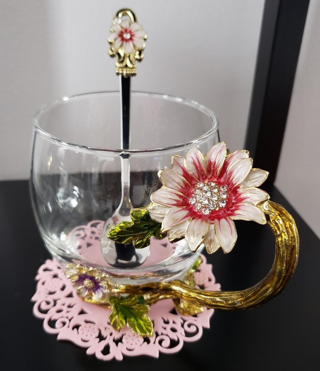 Crystal Glass 3D Flower Cups Tea Mug With Spoon (Hand Wash Only)6″W x 5″H
