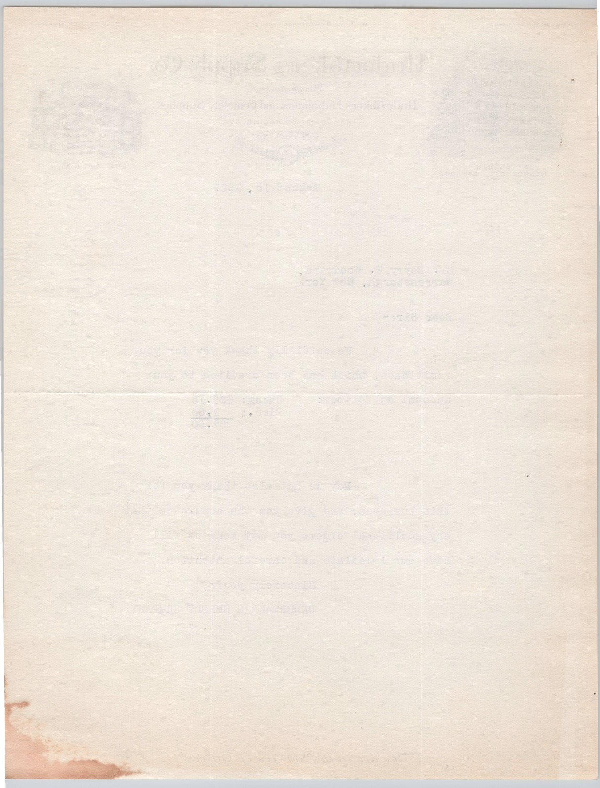 1929 Undertakers Supply Co. Chicago Embalmers Cemetery Funeral Letterhead BH2-54