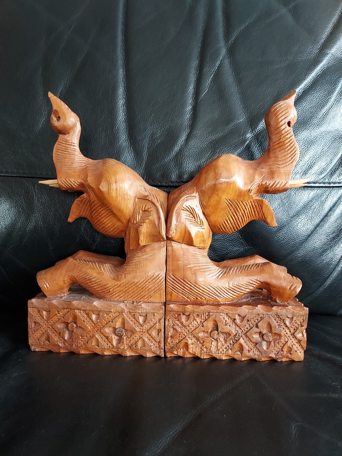 Triumphant Elephant Bookends Trunk Up Good Luck Hand Carved Wood Asian Teak MCM
