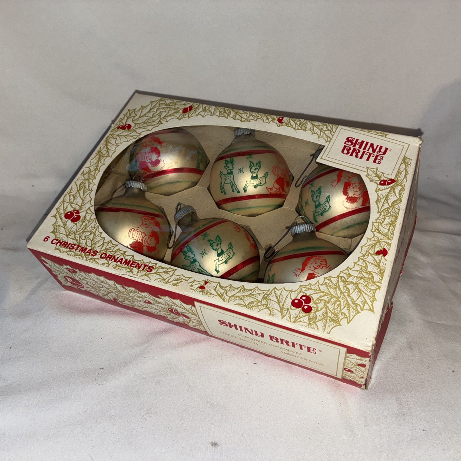 SHINY BRITE Reindeer / Santa Christmas Ornaments Original Box