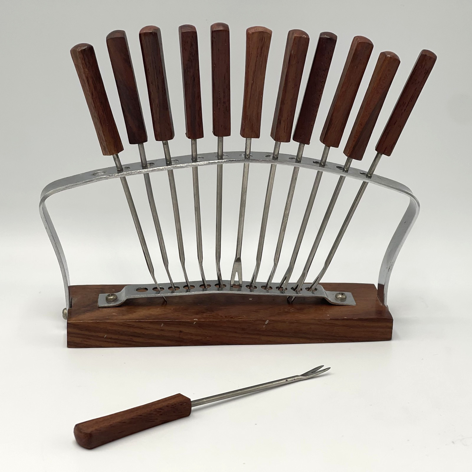 Vtg MCM Cocktail Hors D’oeuvre Cheese Appetizer 12 Metal Wood Forks Picks Stand