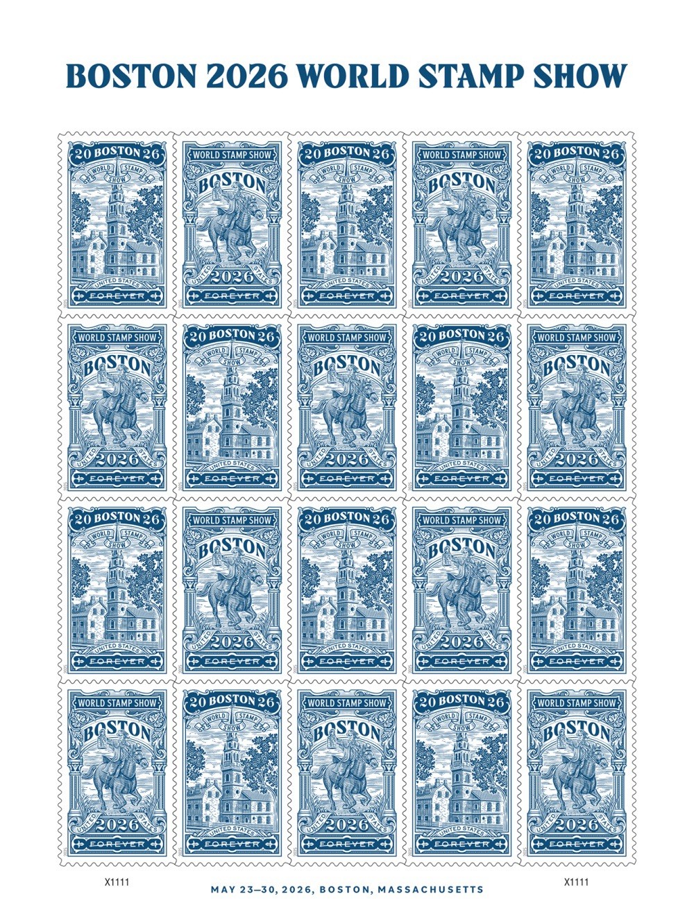 USPS Sheet of 20 Boston 2026 World Stamp Show First Class Letter Stamps 78¢