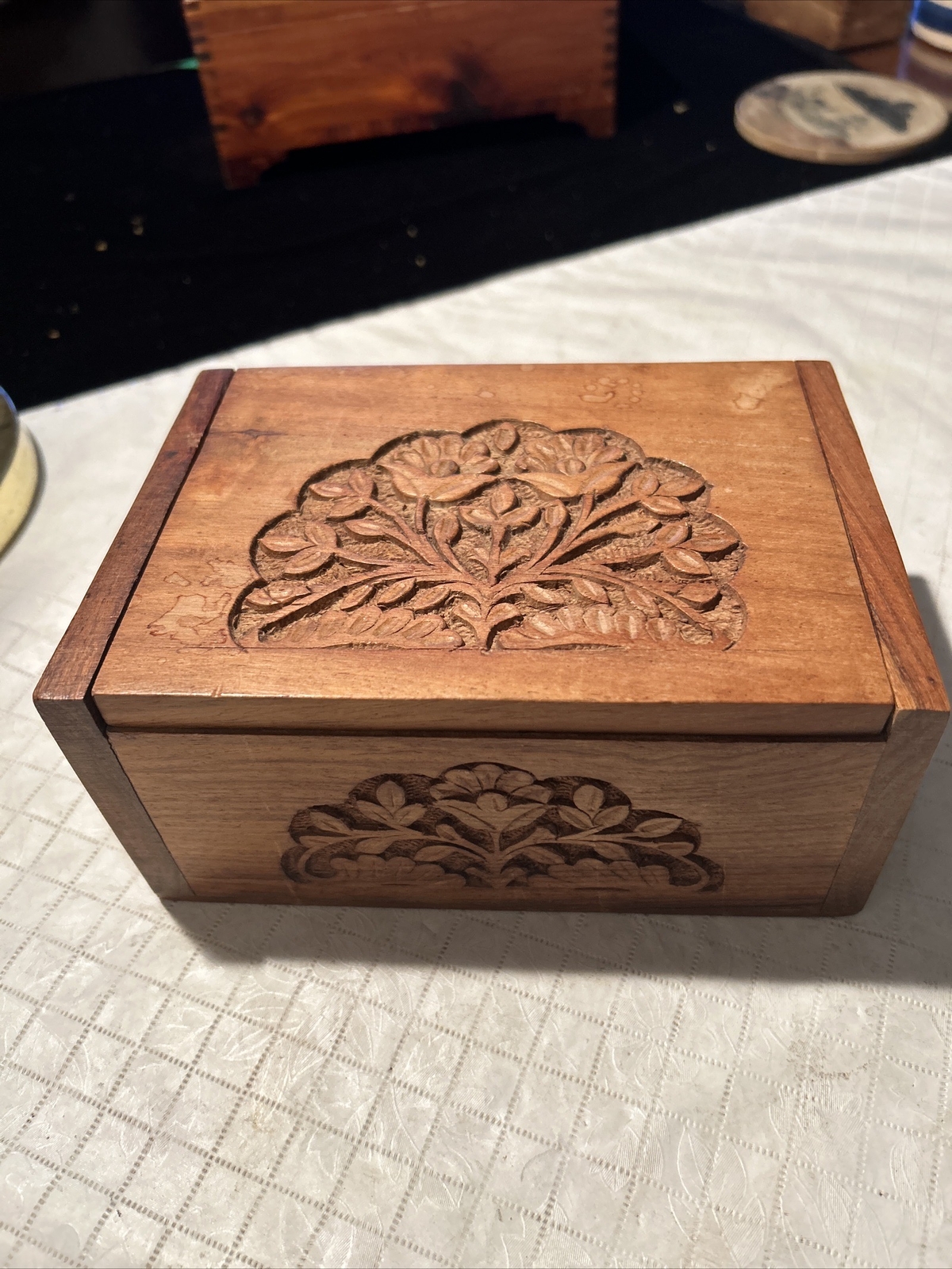 Vintage Archana Crafts Wooden Trinket Box Hand Carved in India wood Handicrafts