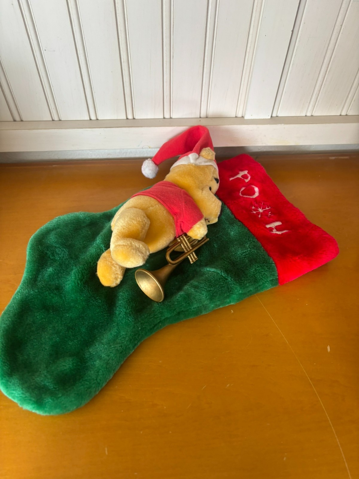 Plush Winnie the Pooh 3D Christmas Stocking 16.5in Trumpet Disney Vintage