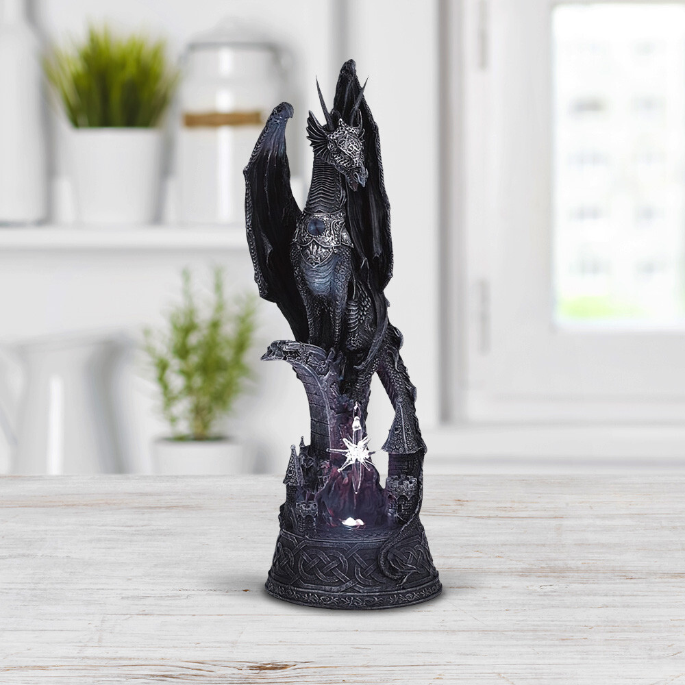 12″H LED Black Dragon Standing on Castle Statue Fantasy Figurine Room Decor