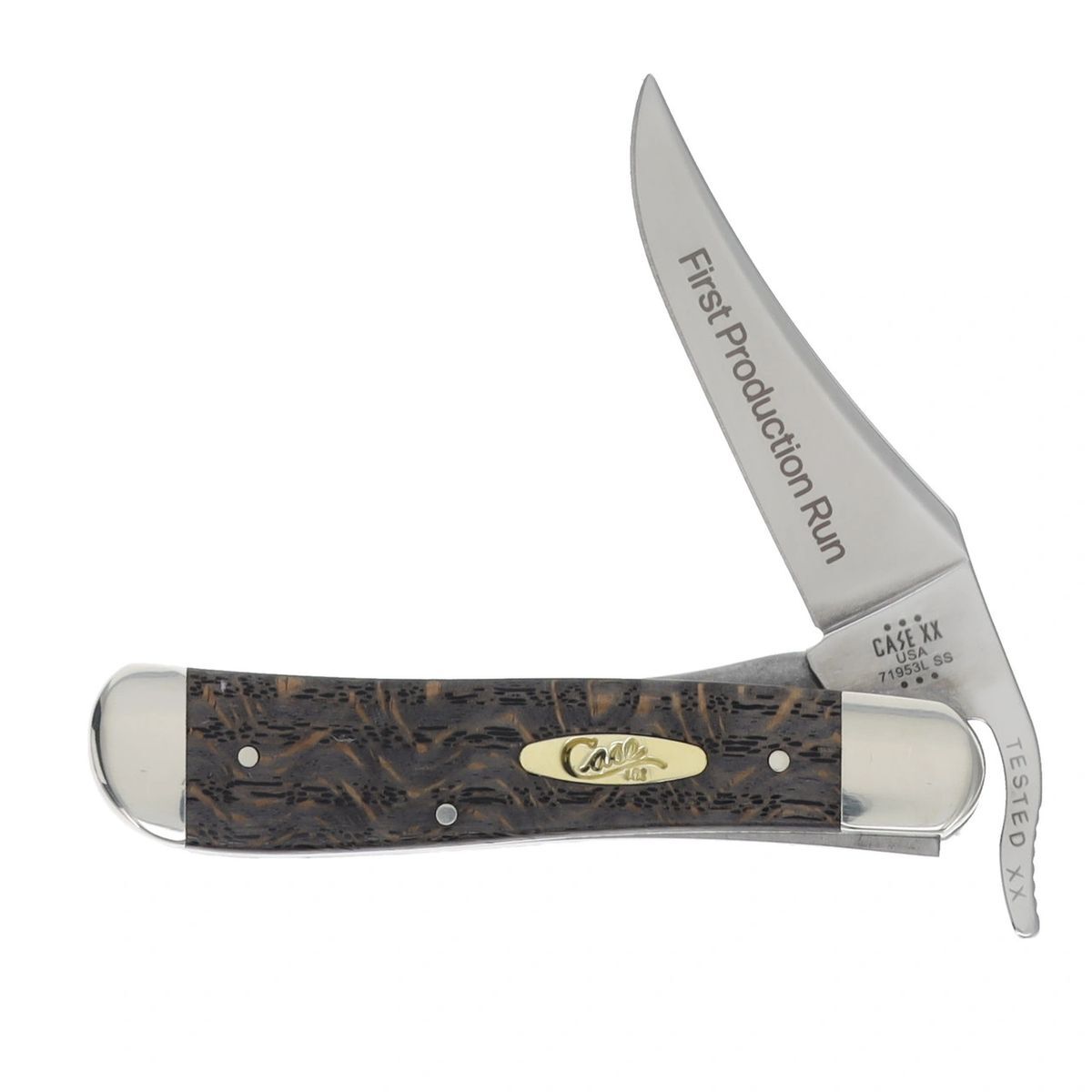 Case XX First Production Run Black Curly Oak Wood RussLock Knife 94002