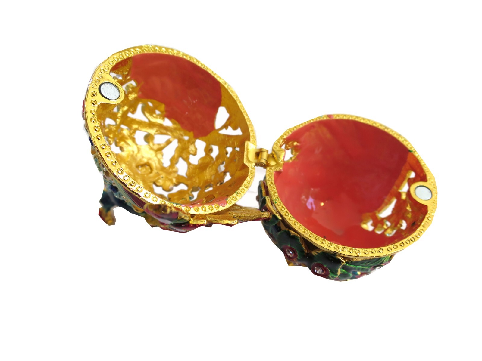 Bejeweled ” Peacock on Faberge Egg ” Hinged Metal Enamel trinket Box