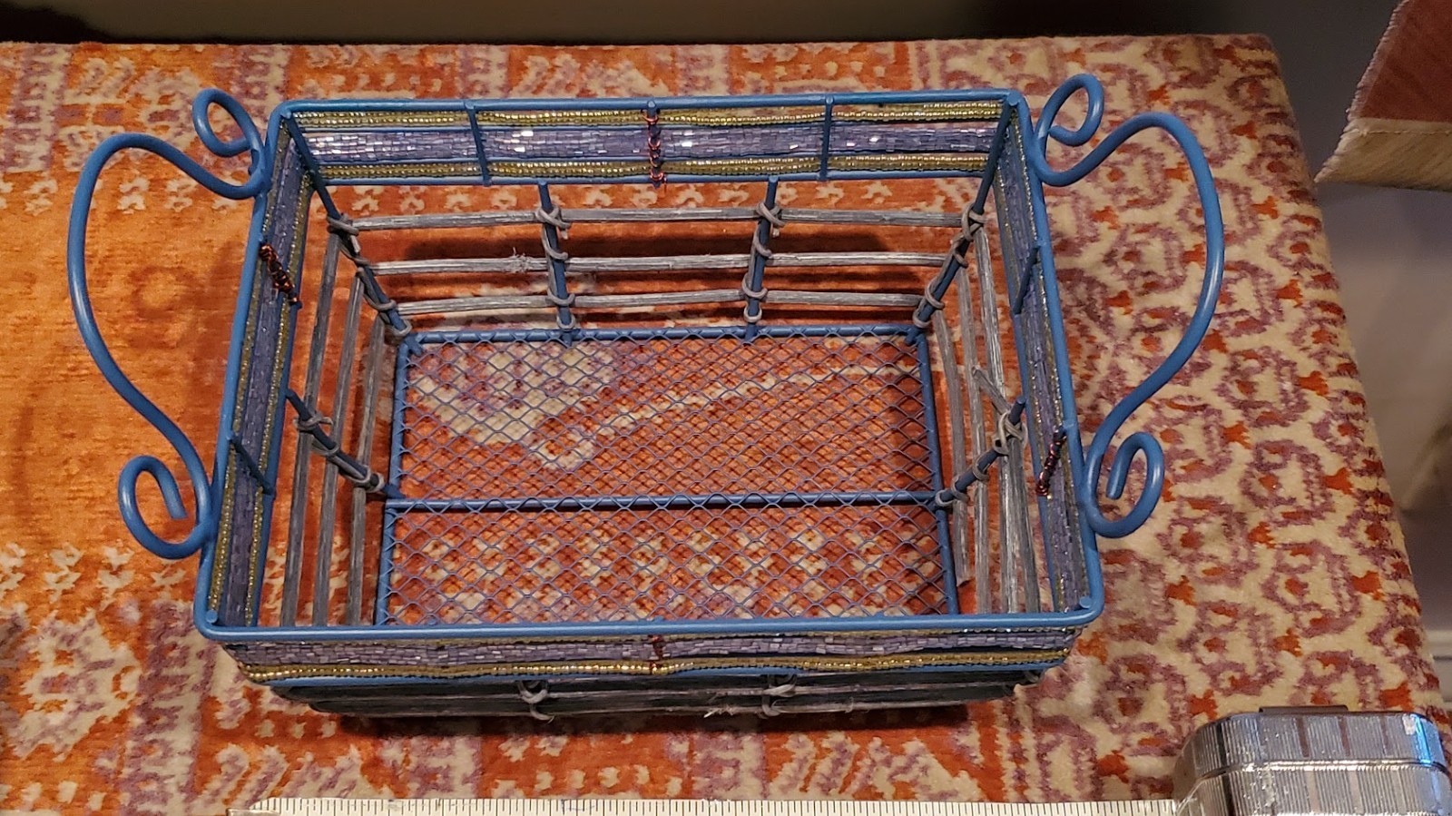 Blue Decorative Metal Basket With Purple and Gold Beaded Trim, 8 inches long